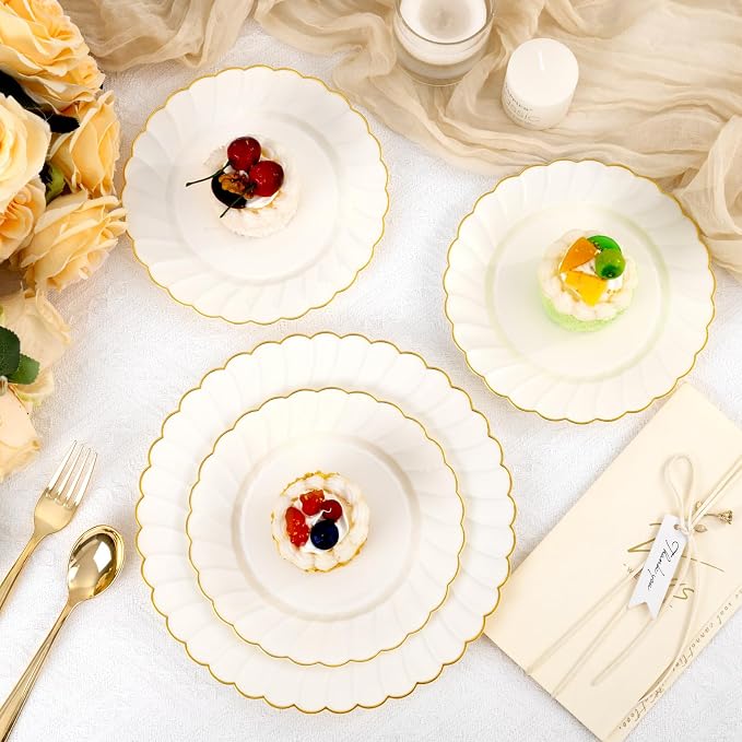 YOUBET 60PCS Ivory Scalloped Plastic Plates - Image 8