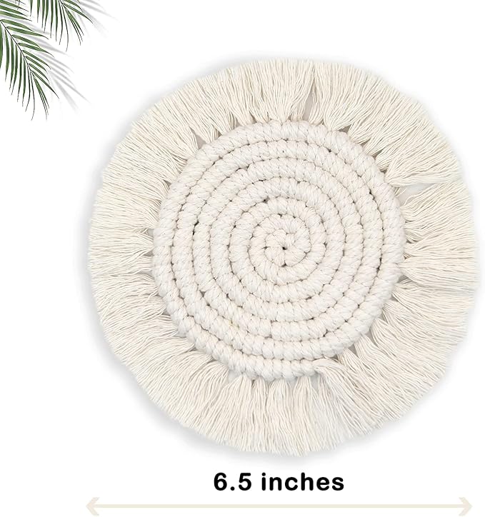 Coomin Boho Coasters for Drinks, Handmade Coasters 7.4in, 4p Beige | Woven - Image 9