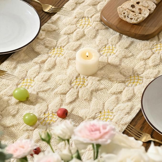 Artoid Mode Beige Soft Plush Faux Fur Jacquard Embroidery Sunflower Spring - Image 4