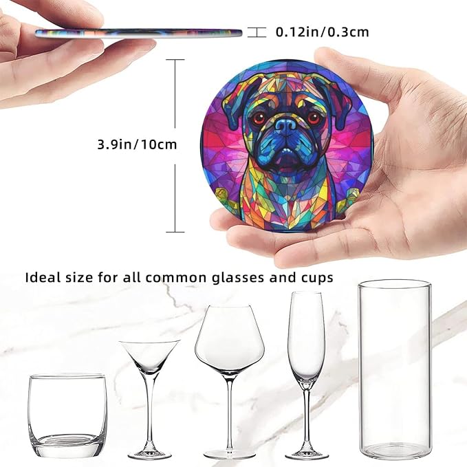 Pug Stained Dog Breed Glass Art Leather Drinks Coasters - Image 3