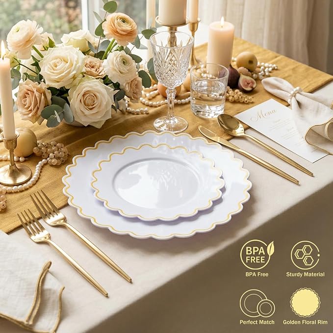 LIYH 100Pcs White Gold Plastic Plates Heavy Duty Disposable Party Set | - Image 2