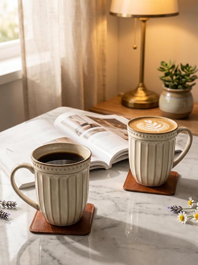 HASENSE Textured Coffee Mugs Set of 4, 16 Oz Ribbed Ceramic Cups - Image 9