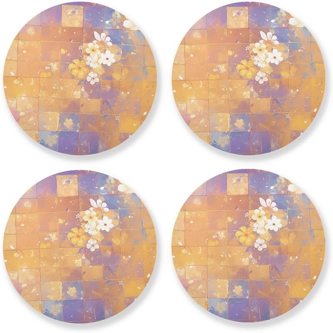 Retro Checker Board Groovy Flower Oil Painting Coaster by KLL