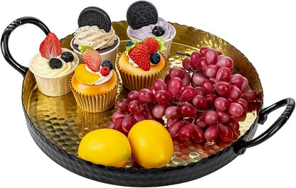 MyGift 12-Inch Black and Gold Metal Round Display Tray – Handcrafted Hammered Design Serving Platter or Tabletop Centerpiece, Handmade in India