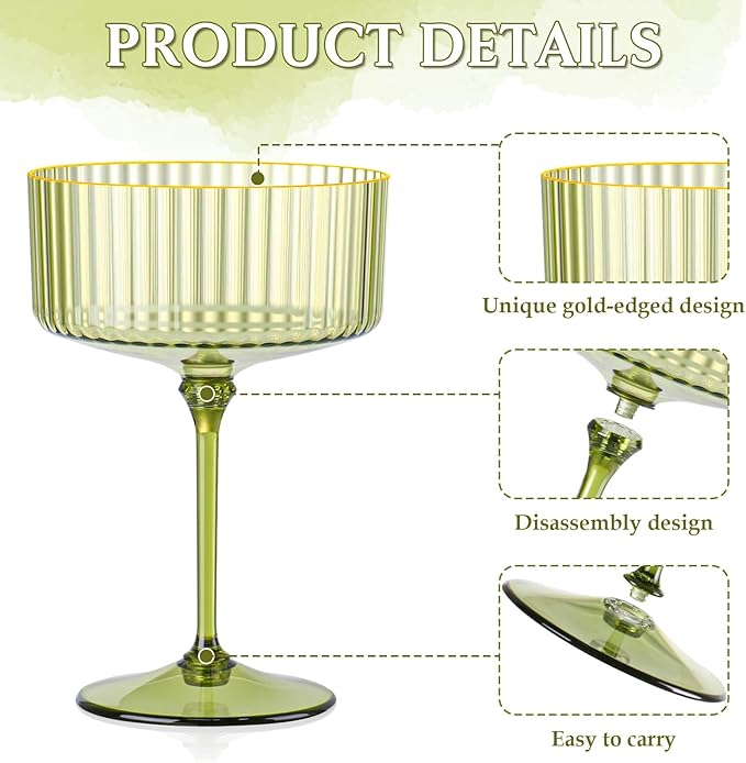 24 PCS Gold Rim Plastic Champagne Coupe Cup Sage Green Ribbed Coupe Glasses 10oz Detachable Espresso Martini Glass Vintage Margarita Glassware Cocktail Glass Set for Baby Shower Christmas Wedding