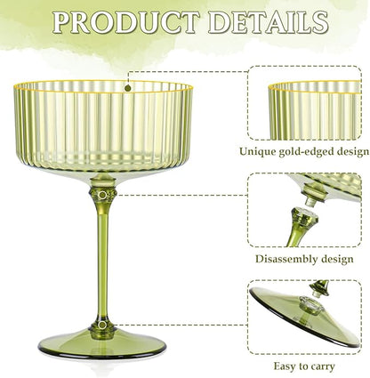 24 PCS Gold Rim Plastic Champagne Coupe Cup Sage Green Ribbed Coupe Glasses 10oz Detachable Espresso Martini Glass Vintage Margarita Glassware Cocktail Glass Set for Baby Shower Christmas Wedding