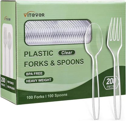 Disposable Plastic Silverware, Heavy Duty Forks and Spoons Set, Durable Plastic by VITEVER
