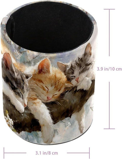 Leather Pen Holder for Desk, Sleeping Cat Pencil Cup Pen Organizer Makeup Brush - Image 3
