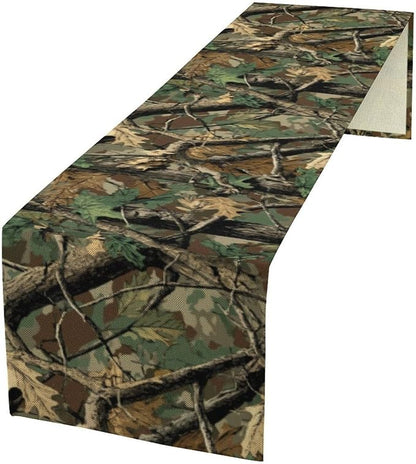 Forest Camouflage Table Runner, Camo Conifer Oak Branches Leaves Military Mossy by Yearn+Jear
