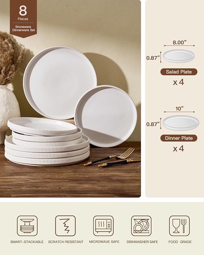 Ceramic Dinnerware Set for 4, 8-Piece Flat Dinner Plates and Salad Plates | - Image 2