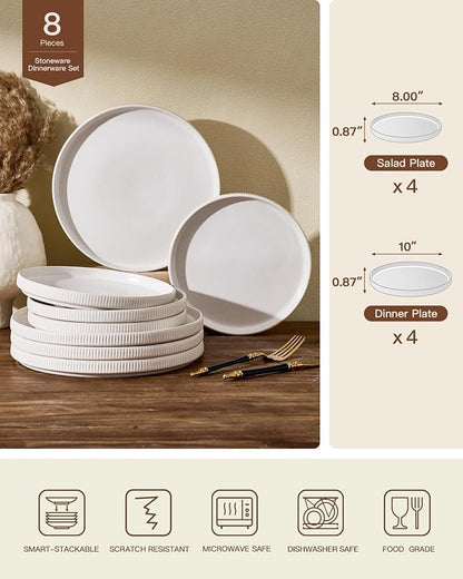 Ceramic Dinnerware Set for 4, 8-Piece Flat Dinner Plates and Salad Plates | - Image 2