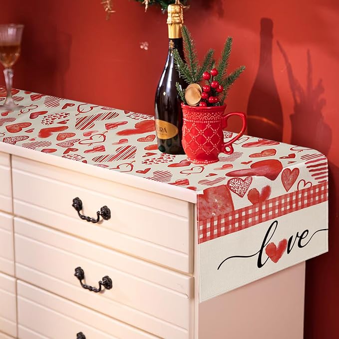 Valentine's Day Table Runner Decorations, Linen Red Table Scarf - Image 6