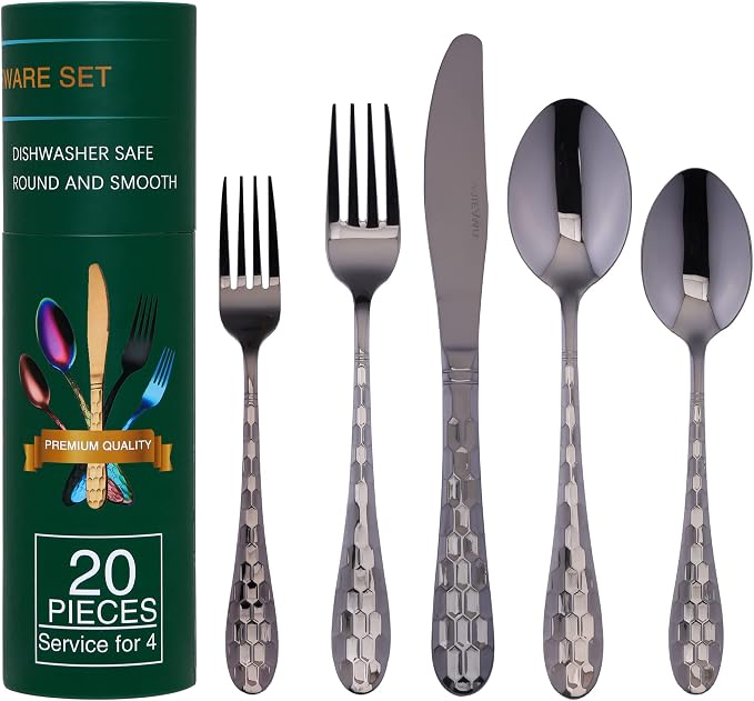 Hammered Silverware Set for 4, 20-Piece Black Flatware, 18/10 Stainless Steel by AJIEVWU-BESTFORYOU