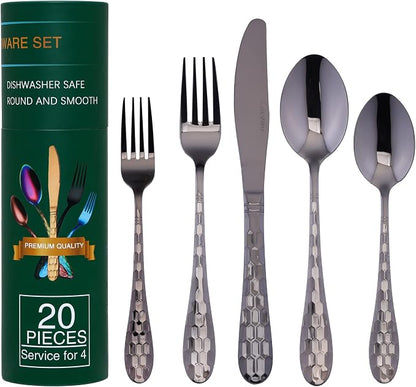 Hammered Silverware Set for 4, 20-Piece Black Flatware, 18/10 Stainless Steel by AJIEVWU-BESTFORYOU