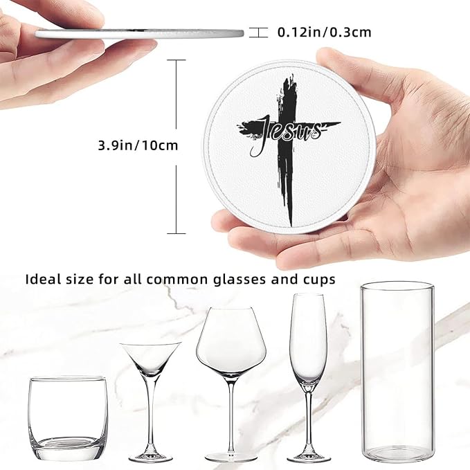 Jesus Cross Coasters for Drinks Set of 6, Round Leather Coaster - Image 4