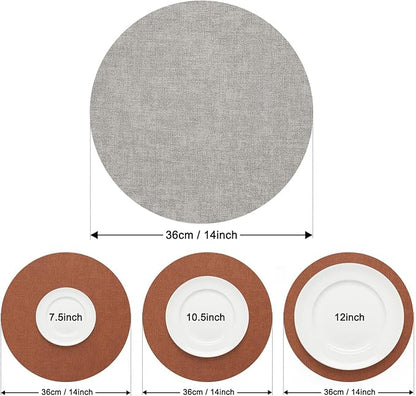 Myir JUN Reversible Vinyl Round Placemats Set of 6, Faux Leather Place Mats Dual Sided Waterproof Wipeable, Heat-Resistant Table Mats for Kitchen Dining Indoor Outdoor (14", Light Gray Reddish Brown)