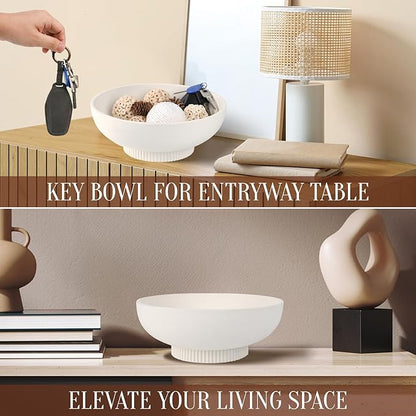 Large Resin Pedestal Decorative Bowl - Modern Handicraft Bowls for Home Decor - Fruit Bowl for Kitchen Counter - Key Bowl for Entryway Table,Artificial Stone White