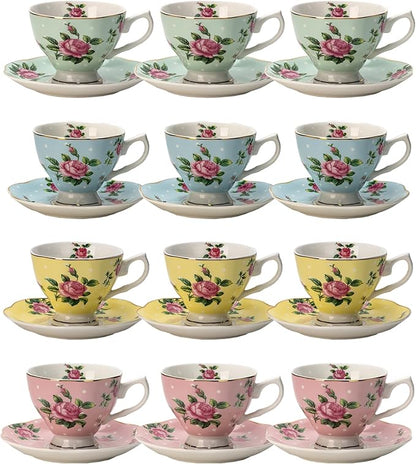 BTaT- Floral Tea Cups and Saucers, 8 oz, Fine Porcelain Teacup Set by BrewToATea