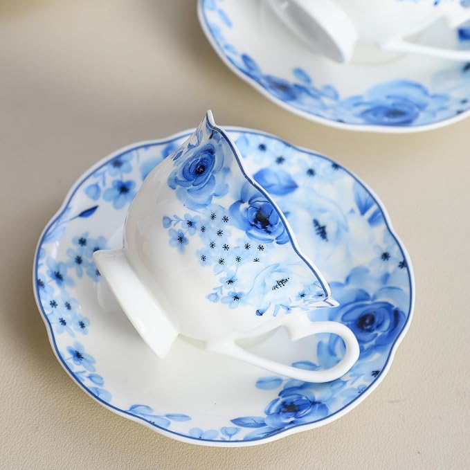 6oz Porcelain Tea Cup and Saucer Set of 6, Classic Blue Floral | Classic blue - Image 8