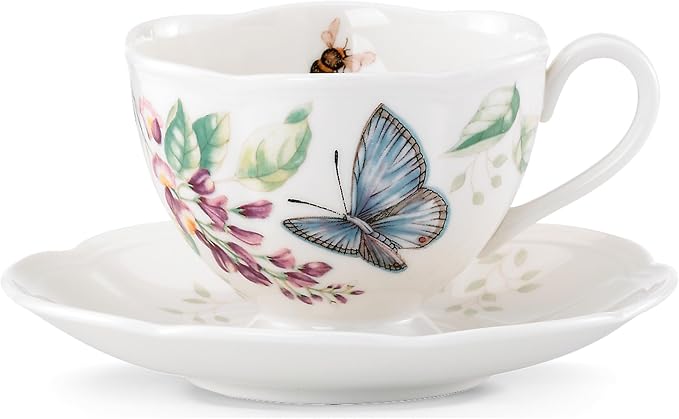 Lenox Butterfly Meadow Blue Porcelain Tea Cup and Saucer Set | Dishwasher safe by Lenox