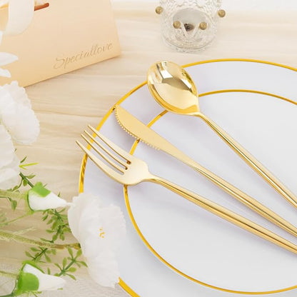 EI 180pcs White and Gold Plastic Plates,Gold Plastic Plates for Party,Fancy Plate Disposable Dinnerware Sets,Gold Disposable Silverware and Cups for Wedding,Baby Shower,Spring Afternoon Tea