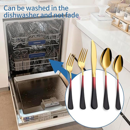 20-Piece Black Red Gold Silverware Set, 18/0 Stainless Steel Colorful Handle Flatware Set,Service for 4,Modern Cutlery Set Includes Dinner Knives Forks Spoons,Mirror Polished,Dishwasher Safe