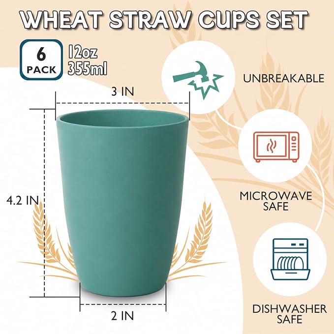 Wrova Wheat Straw Cups 6 PCS Good Alternative to Plastic Reusable Cups 12 oz - Image 2