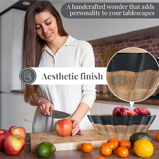Folkulture Black Wave Salad Bowl | 11” Large Mango Wood Serving Bowl - Image 4