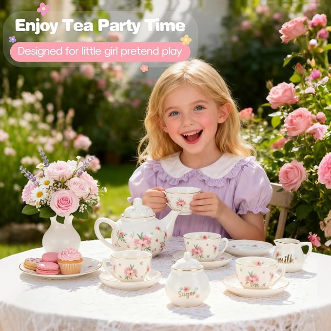 Porcelain Tea Set for Toddlers, Tea Party Set for Little Girls, Princess Party - Image 4