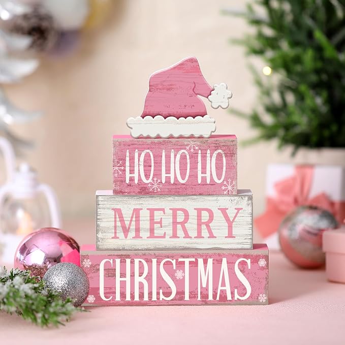 Moucuny 4 Pcs Christmas Table Decorations Pink Santa Hat Decor Christmas Tiered - Image 3