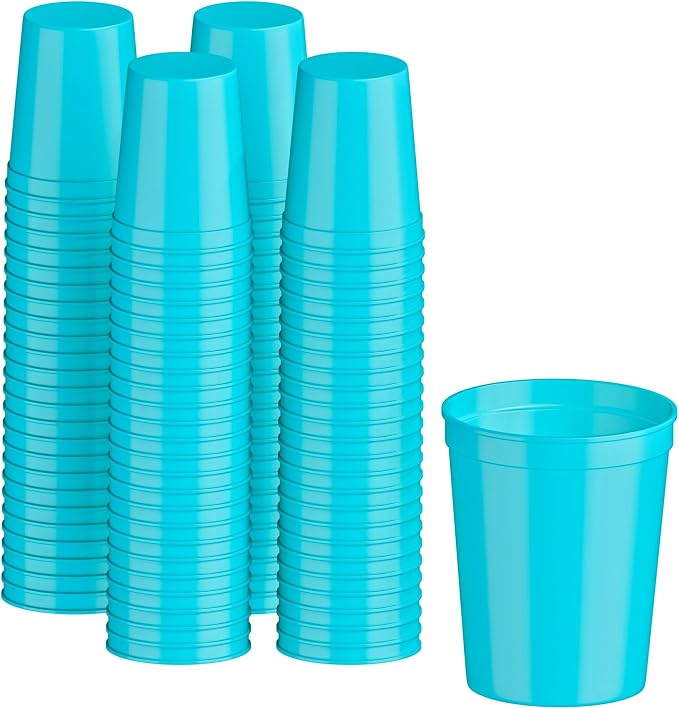 PartyPrints 100 Pack 16 oz Turquoise Reusable Blank Plastic Cups, Stadium Cups by PartyPrints
