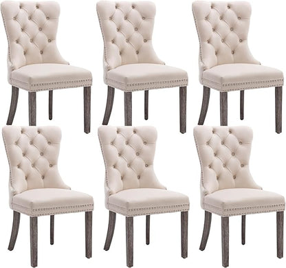 KCC Velvet Dining Chairs Set of 6, Upholstered High-end Tufted Dining Room Chair with Nailhead Back Ring Pull Trim Solid Wood Legs, Nikki Collection Modern Style for Kitchen, Beige