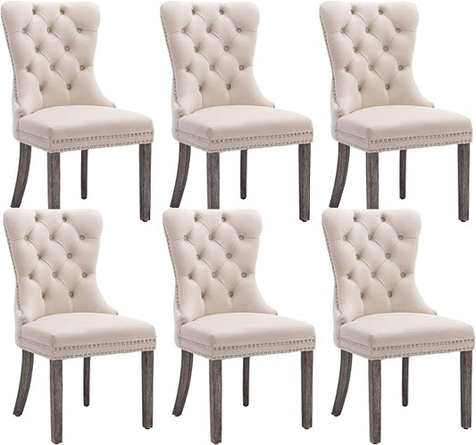 KCC Velvet Dining Chairs Set of 6, Upholstered High-end Tufted Dining Room Chair with Nailhead Back Ring Pull Trim Solid Wood Legs, Nikki Collection Modern Style for Kitchen, Beige