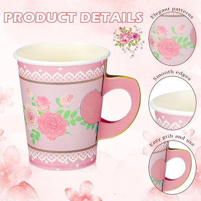 FillTouch 100 Sets Floral Paper Tea Cups and Saucers Disposable Paper Tea Party - Image 4