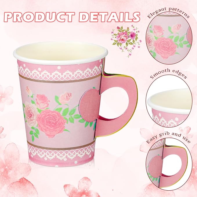 FillTouch 48 Sets Floral Paper Tea Cups and Saucers Disposable Paper Tea Party - Image 5