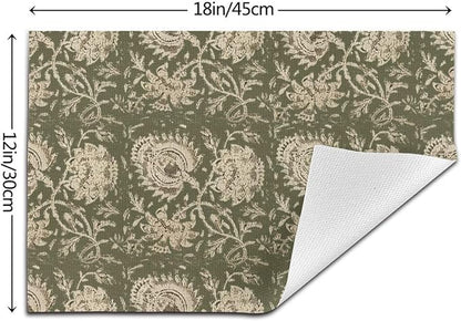 Boho Place mats Set of 4,12x18 Inches Sage Green Block Print Floral Decorative Spring Summer Flower Decor Placemats Rectangle Linen Table Mats for Party Home Kitchen Dining Table Decoration