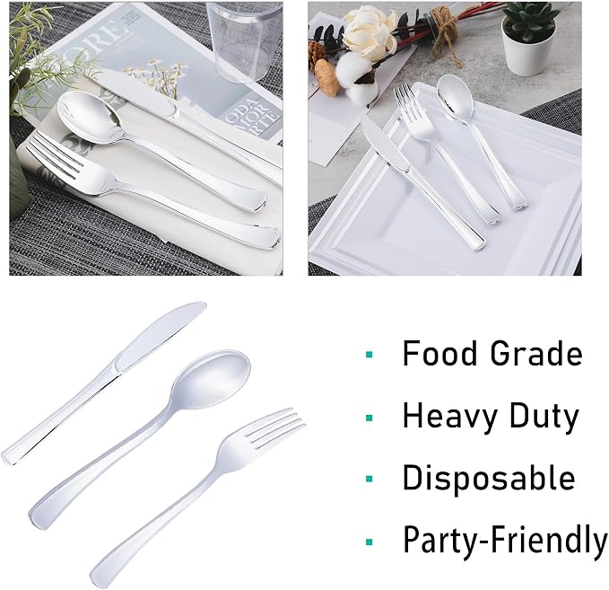 200PCS Silver Plastic Silverware, Disposable Utensils & Cutlery | 100 Forks - Image 3