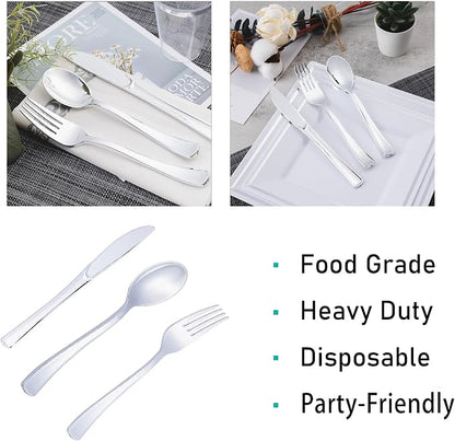 200PCS Silver Plastic Silverware, Disposable Utensils & Cutlery | 100 Forks - Image 3