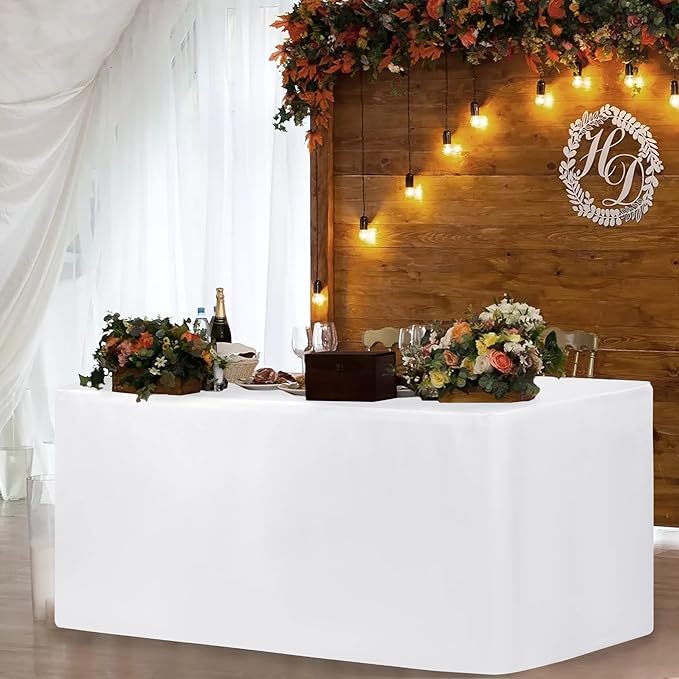 HolidayIdeas White Tablecloths for Rectangle 8 Foot Tables- 96 x 30 Inch - 4 Pack Fitted Tablecloths Polyester Fabric Table Cover for Parties, Wedding, Trade Show