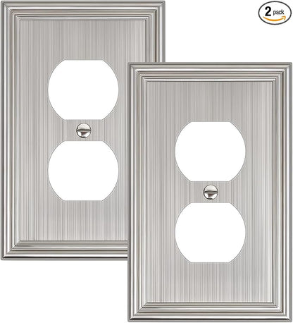 2-Pack Single Duplex Outlet Cover Plate, Decorative Brushed Nickel Switch Plates and Outlet Covers, Metal Wall Plates for Electrical Outlets, 1 Gang Receptacle Cover, Corrosion Resistant