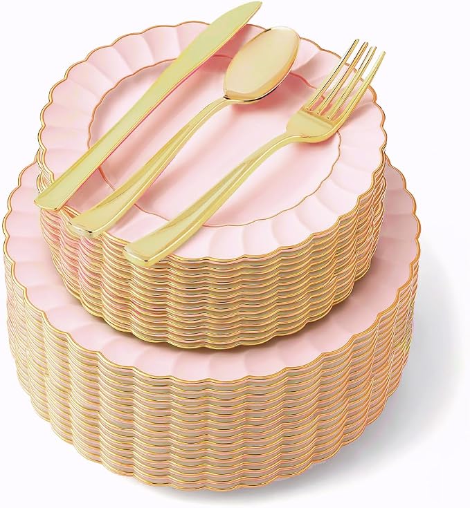 125 Piece Pink & Gold Scalloped Plastic Dinnerware Set by StockYourHome
