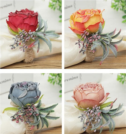 Floral Napkin Rings Set of 6,Rustic Rose Napkin Rings Flower Dinner Napkin Holder for Table Decoration (26#Orange)