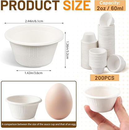 LeonBach 200 Pack 2oz Natural Sugarcane Paper Bowls, Compostable Paper Condiment Snack Sample Tasting Serving Cups Biodegradable Food Containers Small Dipping Cup, White
