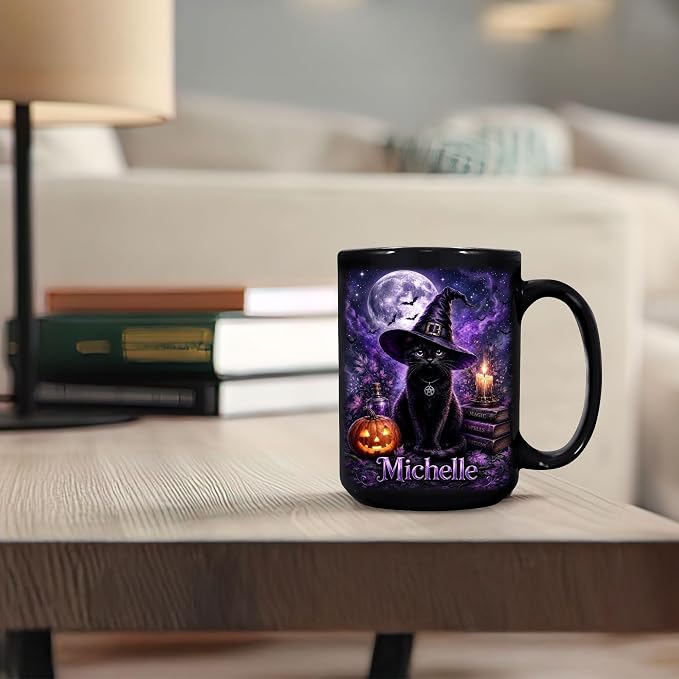 Hyturtle Personalized Halloween Black Cat Mug, Custom Name Gift - Image 6