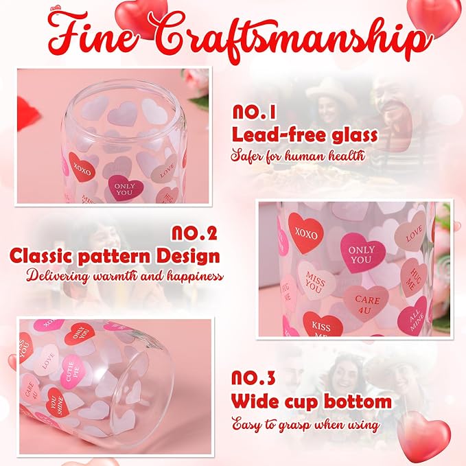 Sliner 2 Pcs Heart Glass Cups Valentines Galentines Day Tumbler 16 oz Iced - Image 4