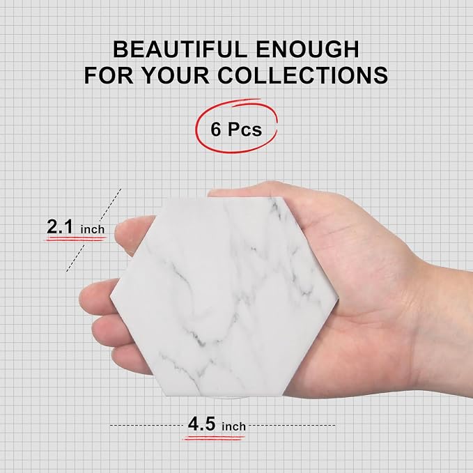 White Marble Coasters Set of 6 Hexagon Absorbent Ceramic Coasters - Image 4
