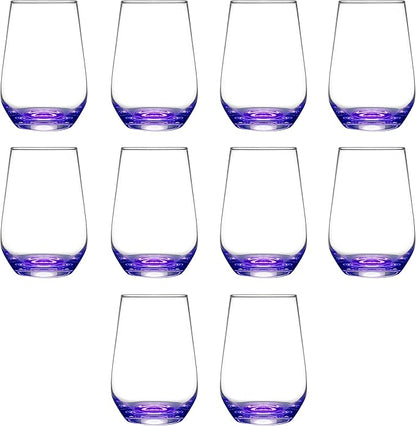 DISCOUNT PROMOS 10 Vaso Silicia Stemless Wine Glasses Set, 16 oz. - Clear, Orb-Like, Thick base - Purple