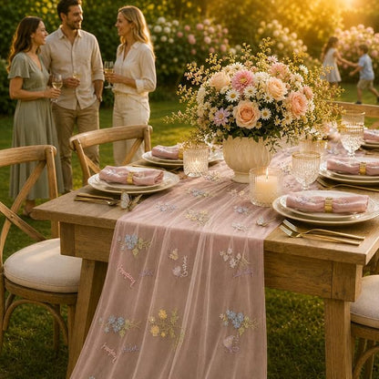 Wildflower Tulle Table Runner Butterfly Floral Wedding Party Home Decor | Pink - Image 6