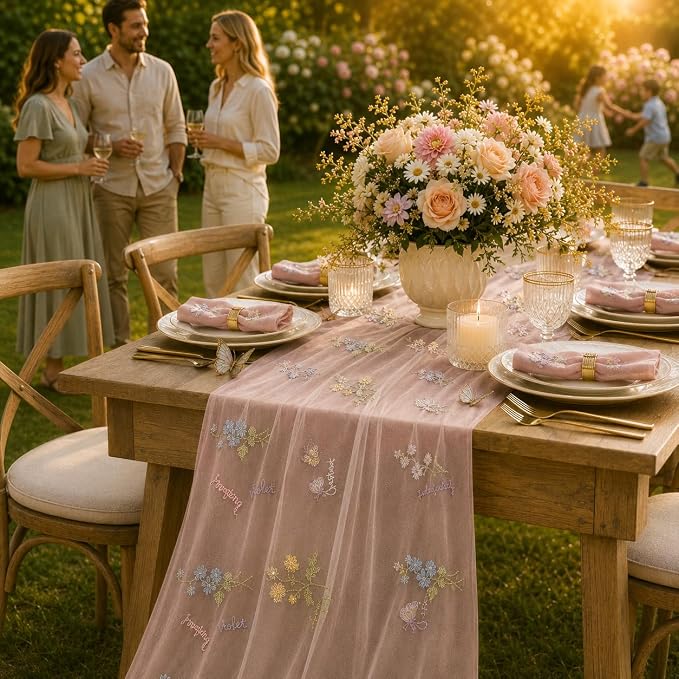 Wildflower Tulle Table Runner Butterfly Floral Wedding Party Home Decor | Pink - Image 6