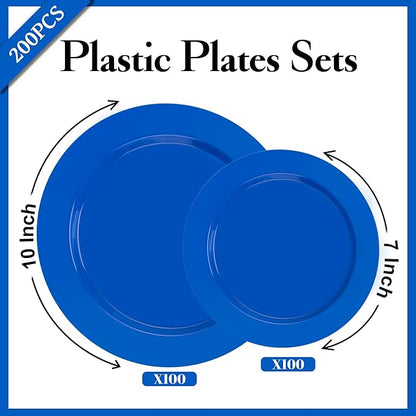 I00000 200 Pcs Plastic Plates, Plates Disposable Blue Party Plates Include 100 Blue Dinner Plate 10’’ and 100 Plastic Dessert Plate 7’’ Perfect for Wedding, Party